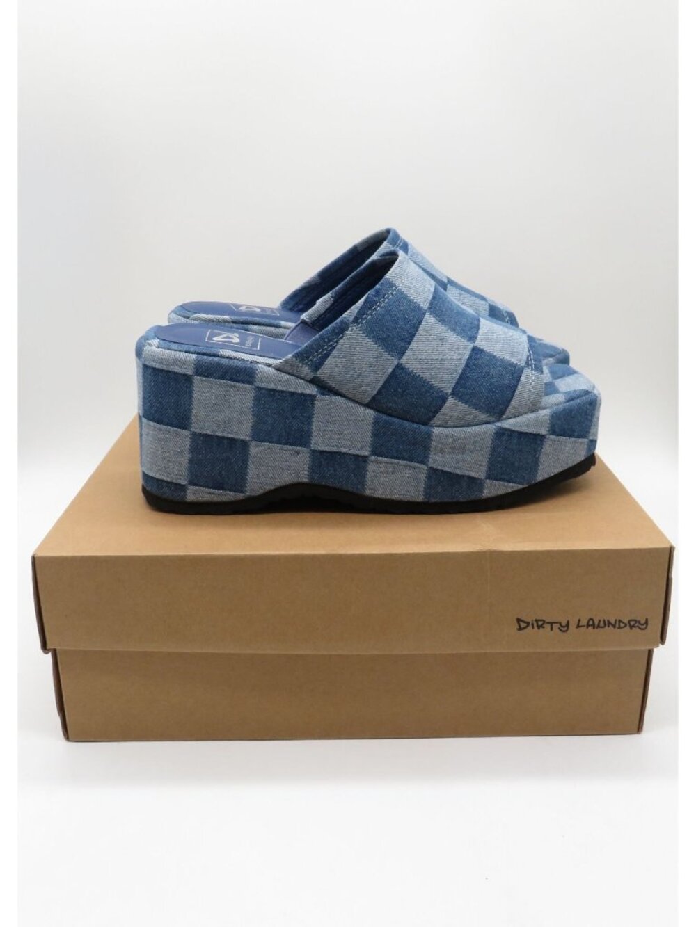 Dirty Laundry Trighton Blue Denim Check Platform Slide Sandals Womens 8 NEW